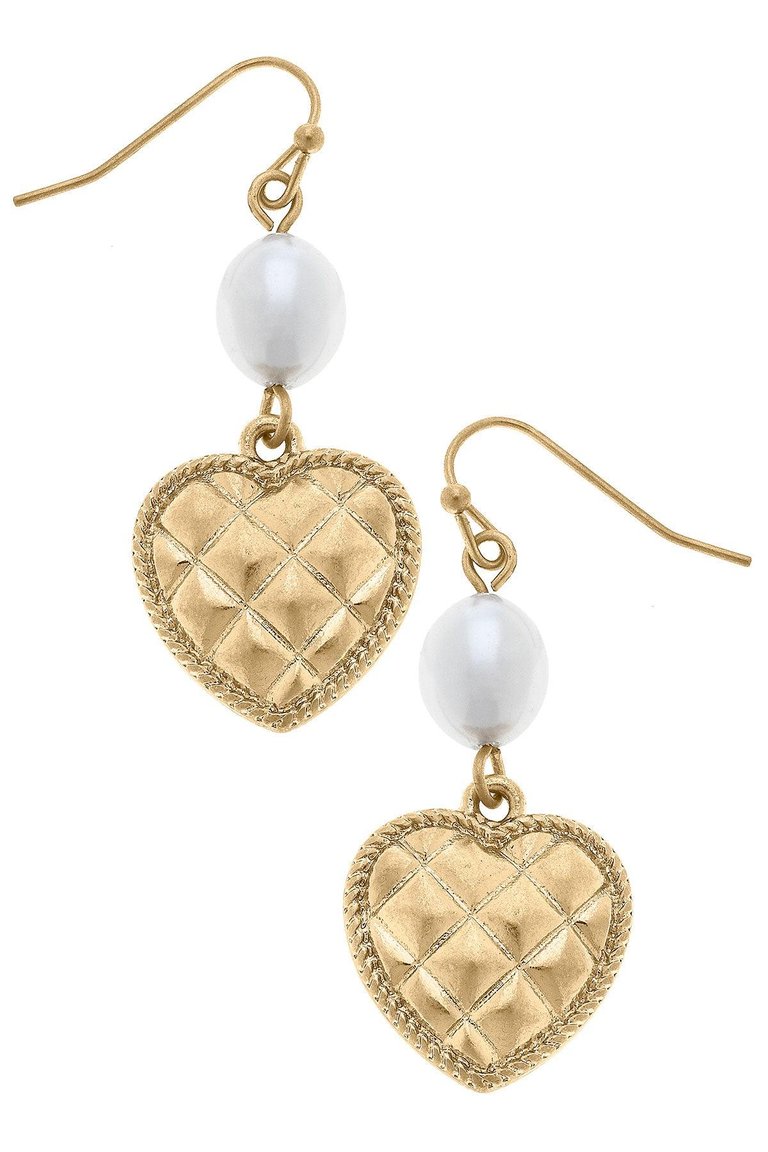 Andee Pearl & Quilted Metal Heart Drop Earrings In Worn Gold - Worn Gold