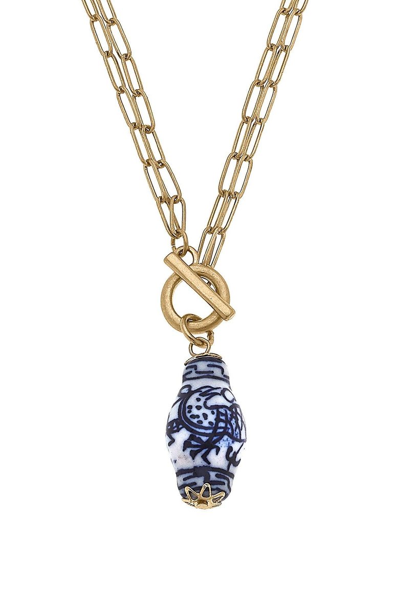 Annabeth Chinoiserie T-Bar Necklace - Blue & White