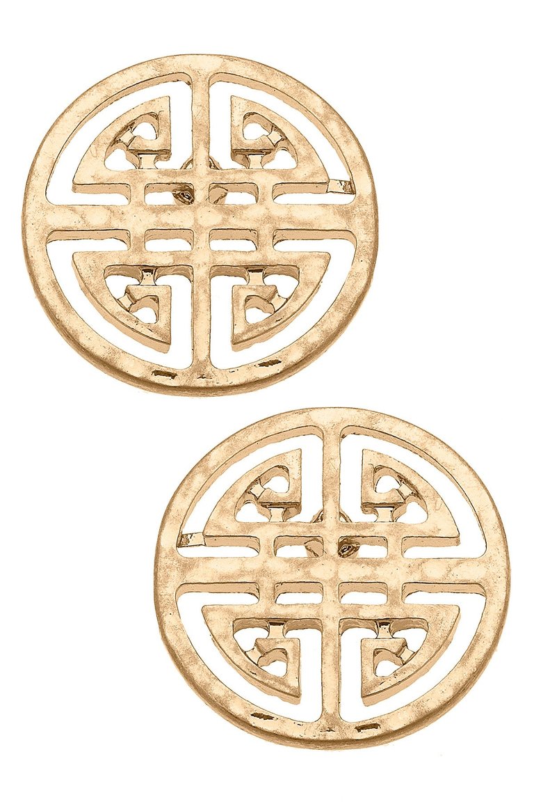 Aria Greek Keys Stud Earrings - Worn Gold