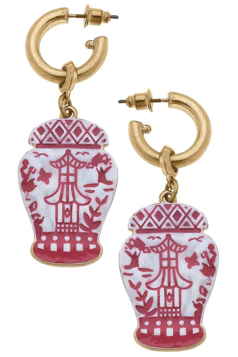Aubree Enamel Pagoda Ginger Jar Earrings - Pink & white