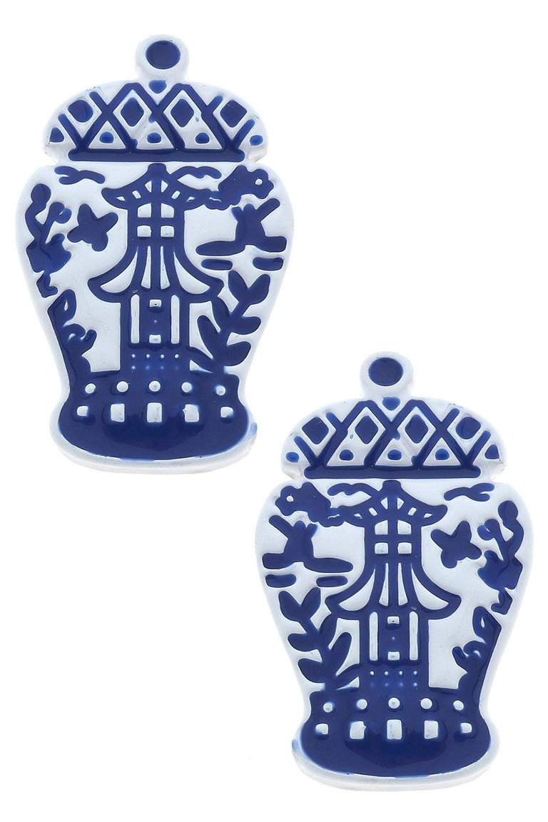 Aubree Enamel Pagoda Ginger Jar Stud Earrings In Blue & White - Blue & White