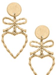 Avie Bamboo Heart & Bow Drop Earrings - Worn Gold