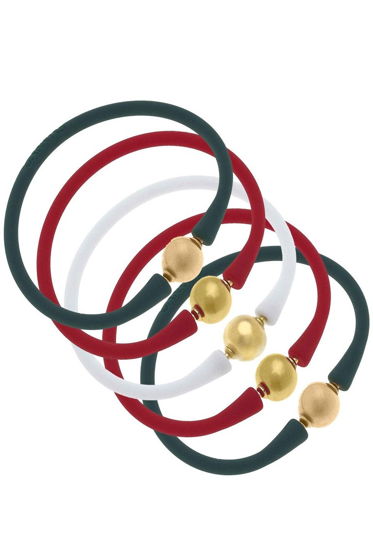 Bali 24K Gold Silicone Bracelet Holiday Stack of 5 In Red, White & Hunter Green - Red/White/Hunter Green