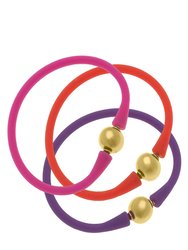 Bali 24K Gold Silicone Bracelet Stack of 3 In Magenta, Orange & Purple - Magenta, Orange & Purple
