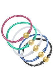 Bali 24K Gold Silicone Bracelet - Stack of 5 - Pink Gingham, Green Gingham, White, Blue Gingham & Black Gingham