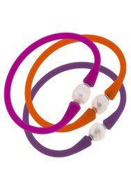 Bali Freshwater Pearl Silicone Bracelet Stack Of 3 In Magenta, Orange & Purple - Magenta, Orange & Purple