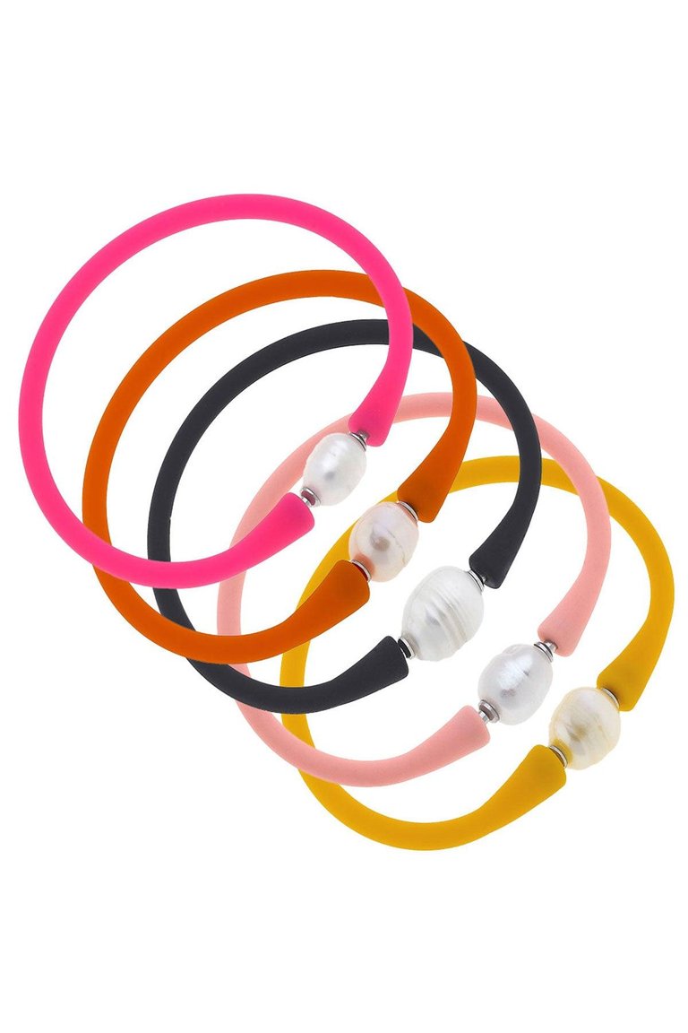 Bali Freshwater Pearl Silicone Bracelet Stack Of 5 In Neon Pink, Orange, Black, Light Pink & Cantaloupe -  Neon Pink, Orange, Black, Light Pink & Cantaloupe