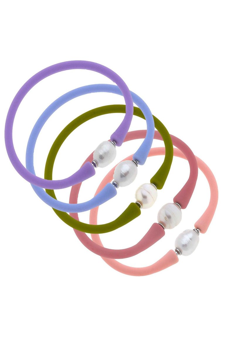 Bali Freshwater Pearl Silicone Bracelet - Stack of 5 - Lavender, Lilac, Peridot, Pink & Light Pink