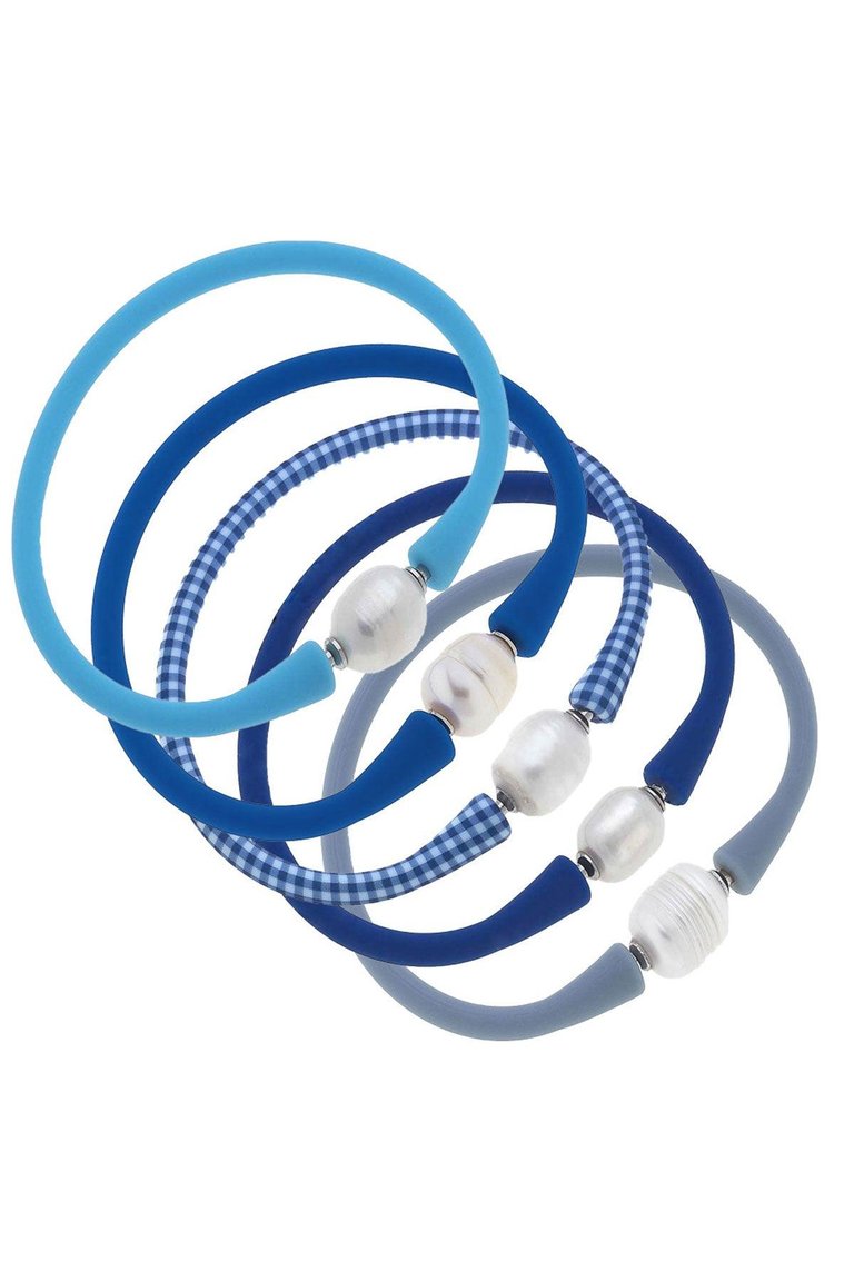 Bali Freshwater Pearl Silicone Bracelet - Stack of 5 - Aqua, Blue, Blue Gingham, Royal Blue & Blue Grey