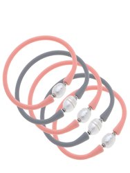 Bali Freshwater Pearl Silicone Bracelet - Stack of 5 - Light Pink & Steel Grey