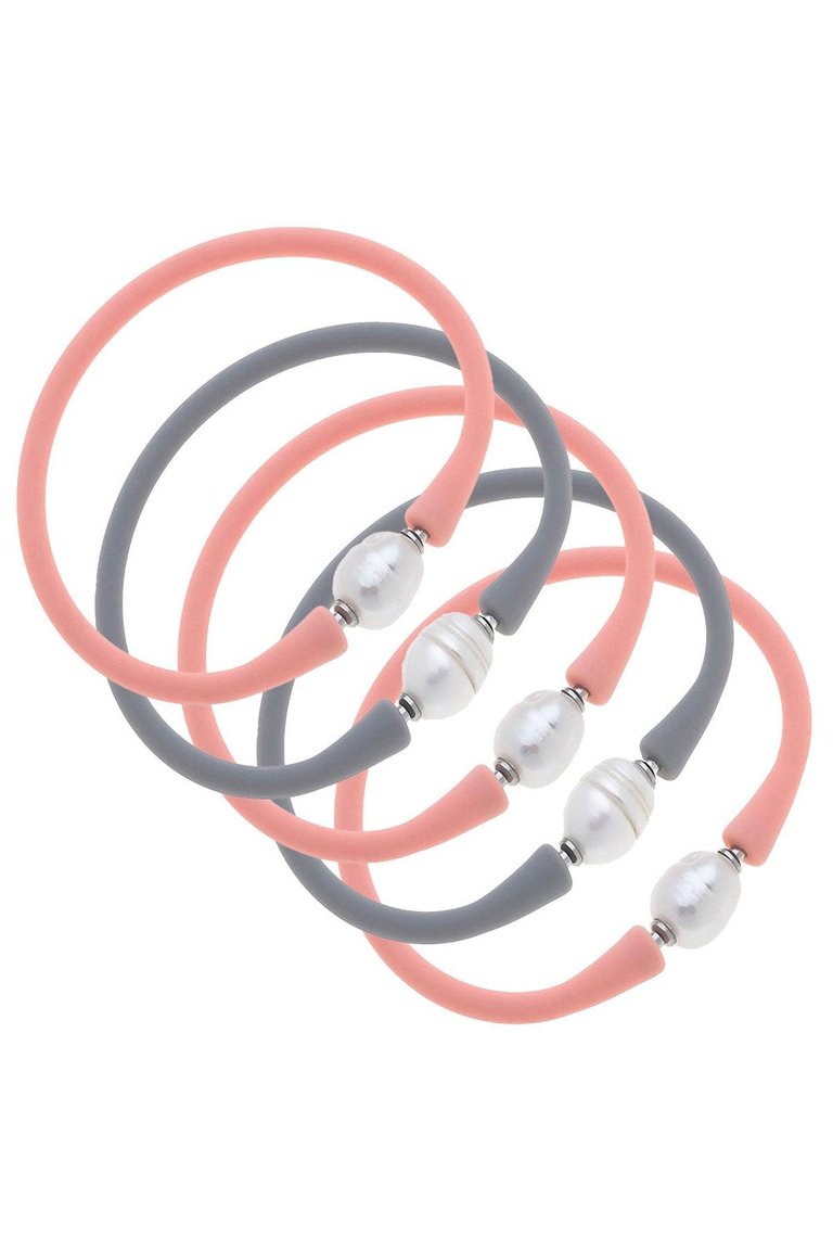 Bali Freshwater Pearl Silicone Bracelet - Stack of 5 - Light Pink & Steel Grey
