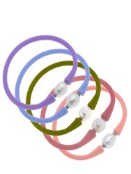 Bali Freshwater Pearl Silicone Bracelet - Stack of 5 - Lavender, Lilac, Peridot, Pink & Light Pink