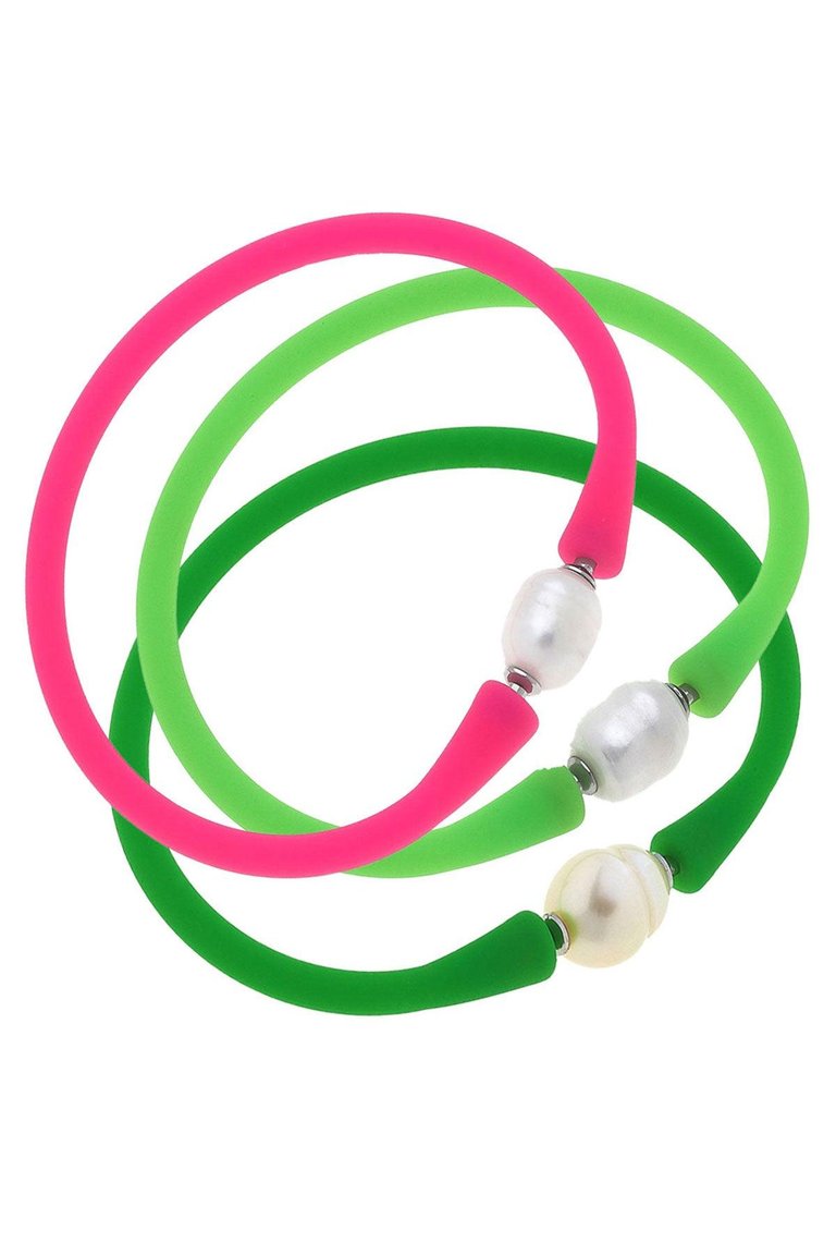 Bali Freshwater Pearl Silicone Bracelet - Neon Pink, Neon Green & Green