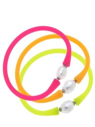 Bali Freshwater Pearl Silicone Bracelet - Neon Pink, Neon Orange & Neon Yellow