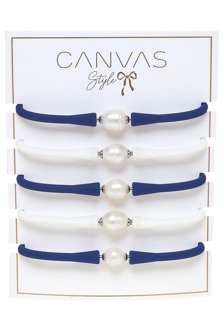 Bali Game Day Freshwater Pearl Bracelet Set Of 5 - Royal Blue & White