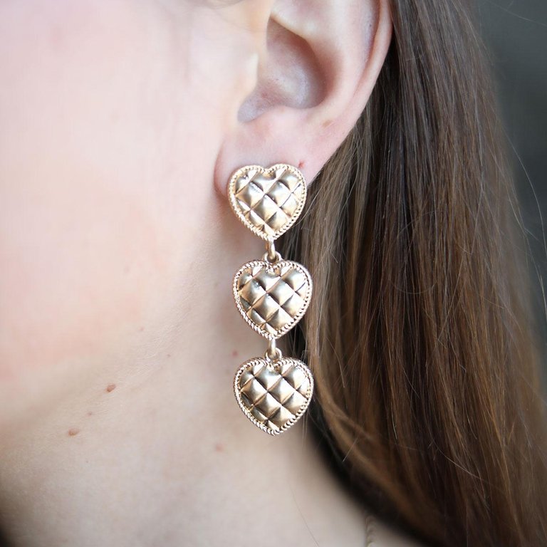 Beatrice Quilted Metal Triple Heart Drop Earrings In Worn Gold