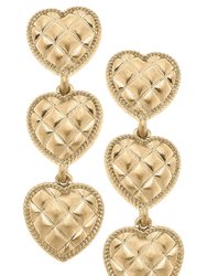 Beatrice Quilted Metal Triple Heart Drop Earrings In Worn Gold - Worn Gold