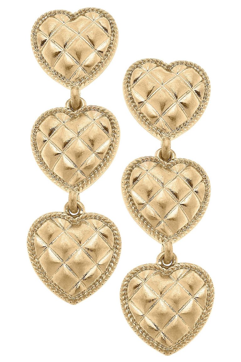 Beatrice Quilted Metal Triple Heart Drop Earrings In Worn Gold - Worn Gold