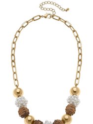 Bella Pearl Cluster & Wicker Ball Bead Necklace - Brown