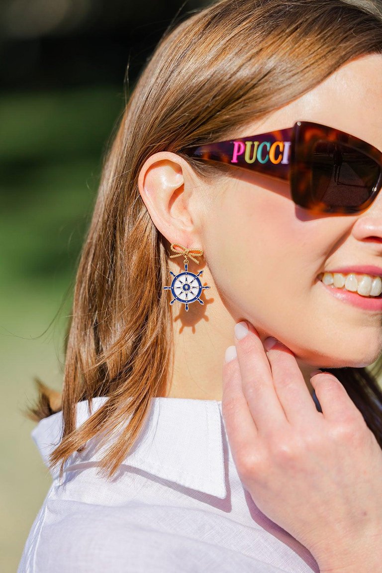 Bobbie Enamel Ship's Wheel Earrings In Navy And White