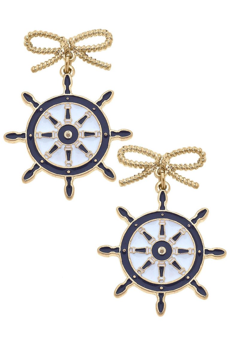 Bobbie Enamel Ship's Wheel Earrings In Navy And White - Navy/White