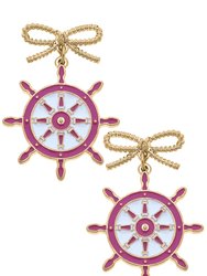 Bobbie Enamel Ship's Wheel Earrings In Pink And White - Pink/White