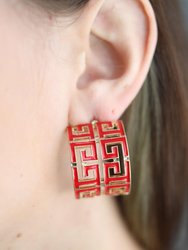 Brennan Game Day Greek Keys Enamel Hoop Earrings In Red