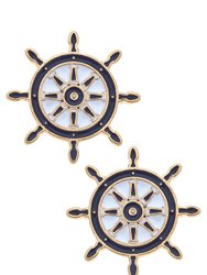 Bridget Enamel Nautical Ship's Wheel Stud Earrings In Navy And White - Navy/White