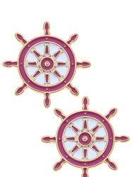 Bridget Enamel Nautical Ship's Wheel Stud Earrings In Pink And White - Pink/White