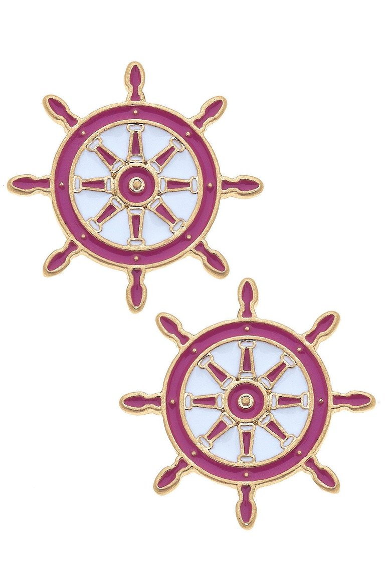 Bridget Enamel Nautical Ship's Wheel Stud Earrings In Pink And White - Pink/White