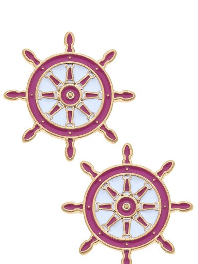 Canvas Style Bridget Enamel Nautical Ship's Wheel Stud Earrings In Pink And White product