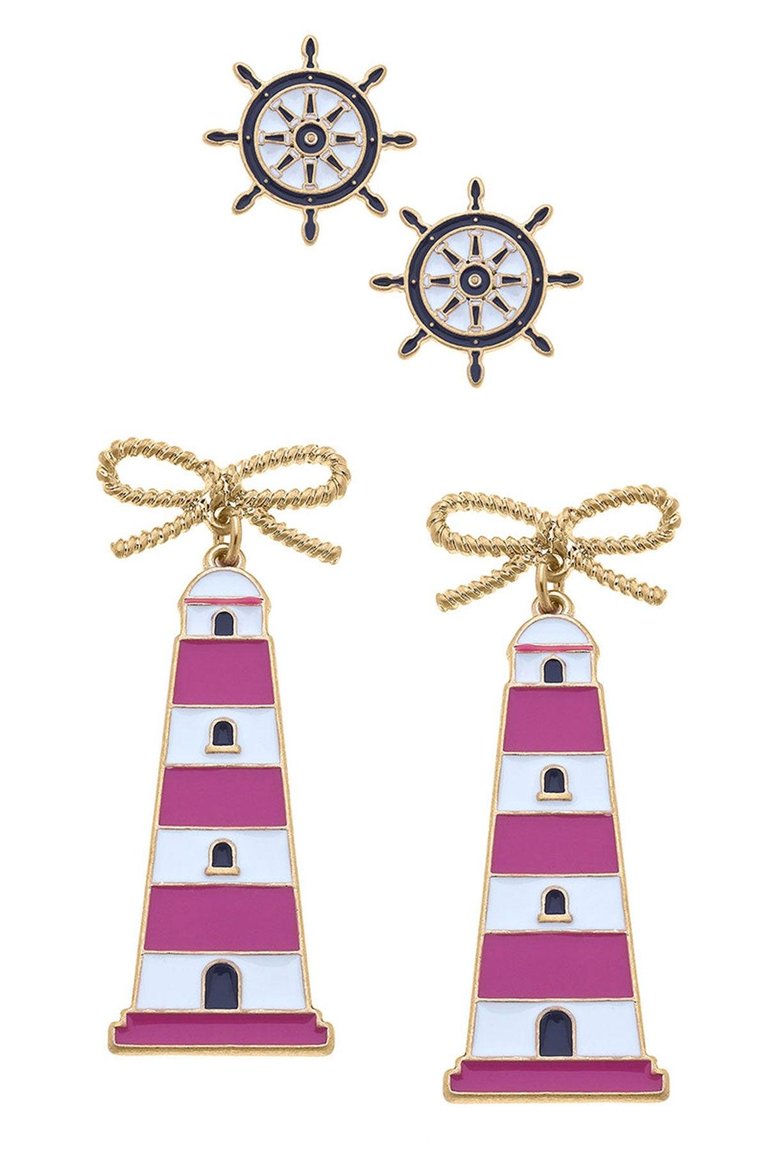 Bridget Navy Nautical Ship's Wheel Stud and Luna Pink Lighthouse Earring Set - Navy/Pink - Navy/Pink