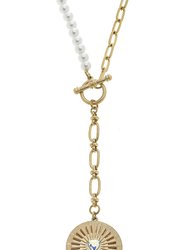 Brinkley Pearl & Paperclip Chain T-Bar Pendant Y Necklace - Worn Gold