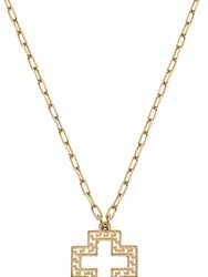 Cameryn Greek Keys Cross Necklace - Worn Gold