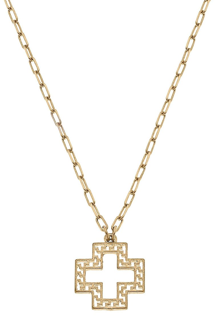 Cameryn Greek Keys Cross Necklace - Worn Gold