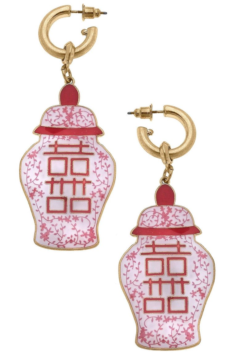 Camille Enamel Double Happiness Temple Jar Earrings - Pink & White