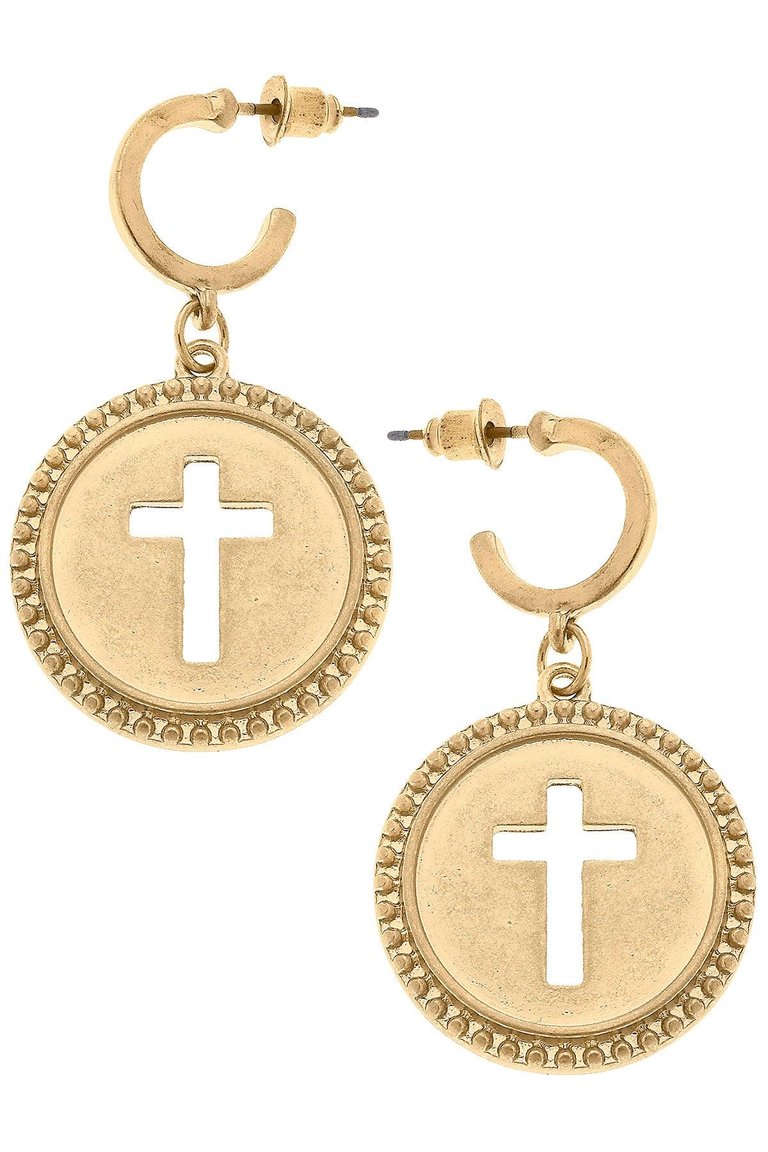 Candace Coin Cross Drop Hoop Earrings - Worn Gold