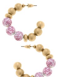 Carmen Chinoiserie And Ball Bead Hoop Earrings - Pink/White