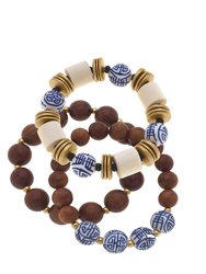 Chinoiserie & Wood Stretch Bracelet Stack - Blue