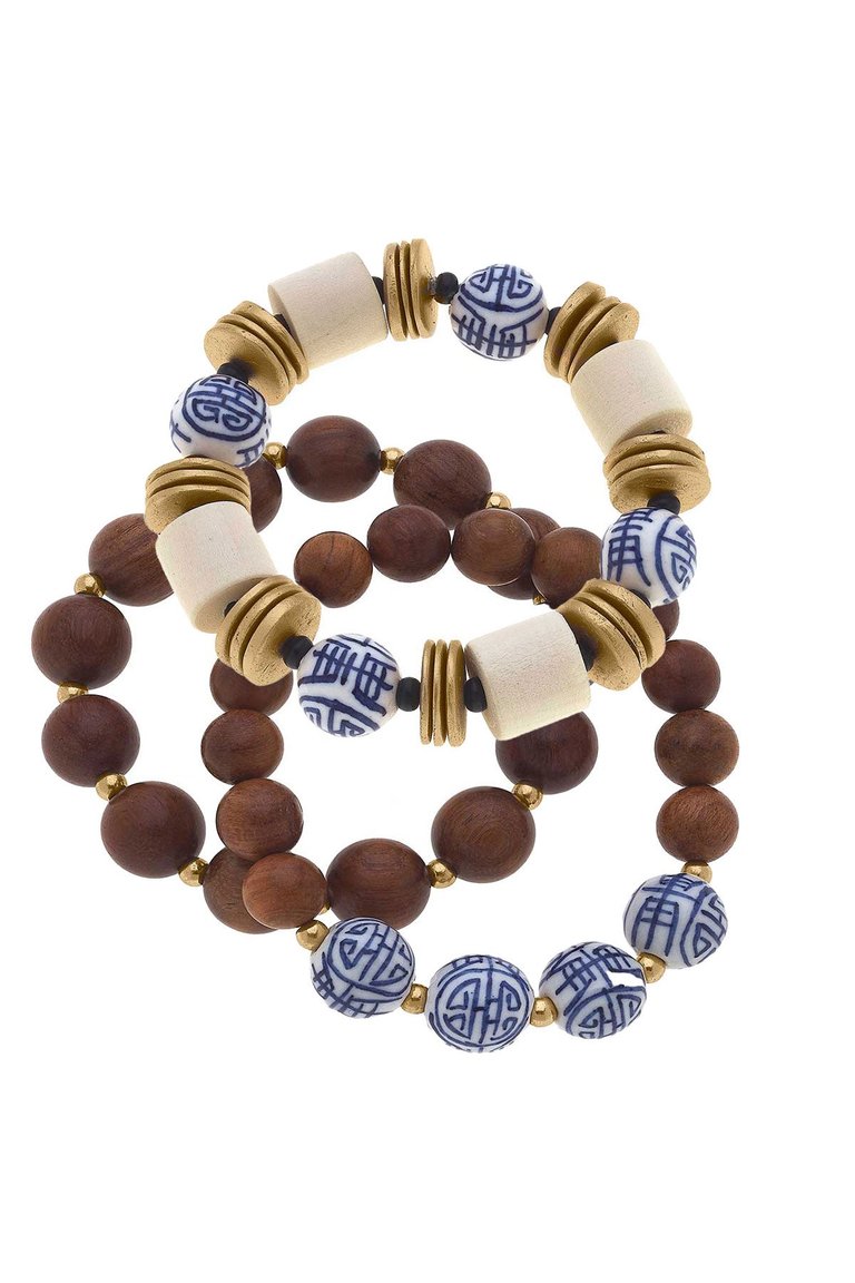 Chinoiserie & Wood Stretch Bracelet Stack - Blue