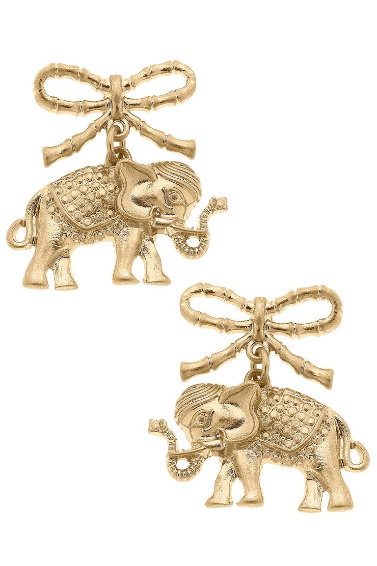 Ciara Elephant And Bow Drop Earrings - Worn Gold