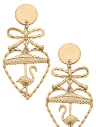 Claudette Flamingo And Bamboo Heart Drop Earrings - Worn Gold