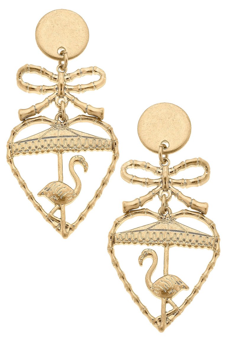 Claudette Flamingo And Bamboo Heart Drop Earrings - Worn Gold