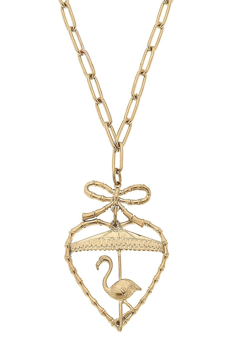 Claudette Flamingo And Bamboo Heart Pendant Necklace - Worn Gold