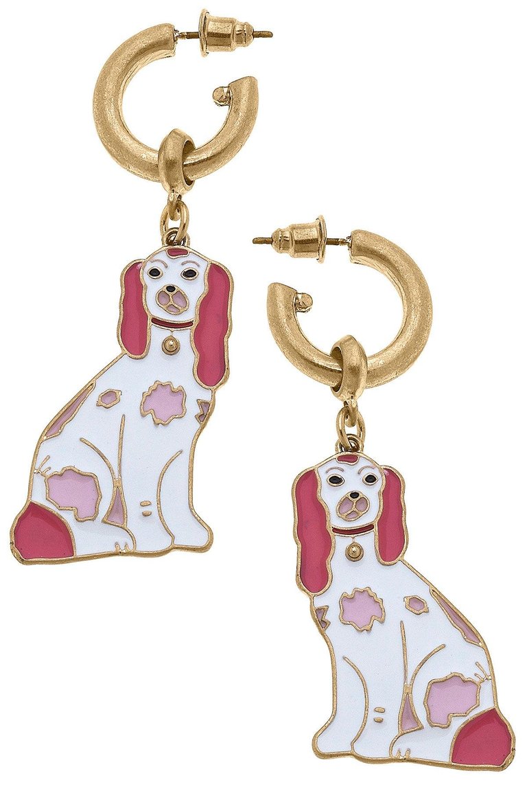 Daphne Enamel Staffordshire Dog Earrings - Pink & White