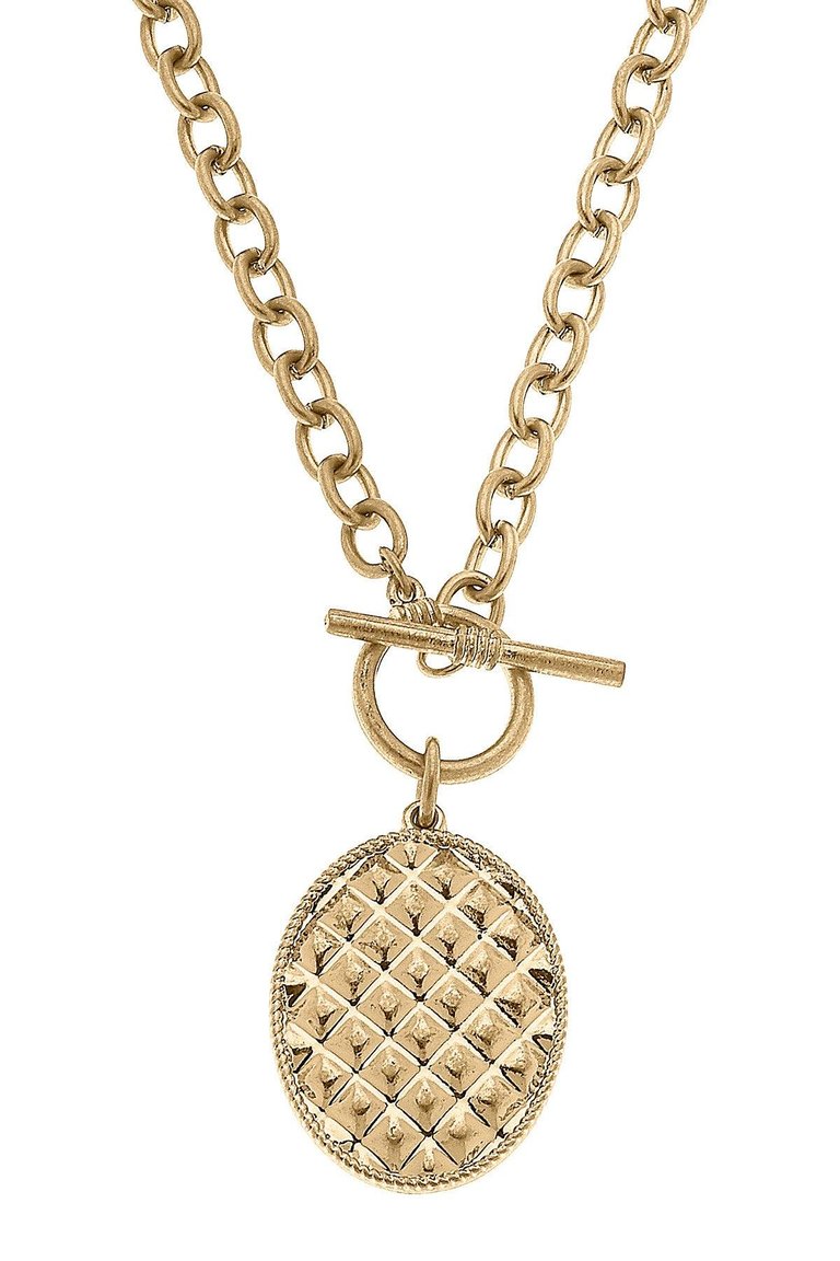Daria Quilted Metal Pendant T-Bar Necklace - Worn Gold