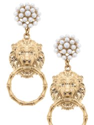 Deanna Pearl Cluster Lion Head Door Knocker Drop Earrings - Worn Gold