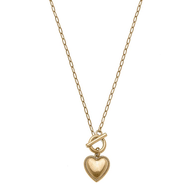 Edie Puffed Heart T-Bar Necklace - Worn Gold