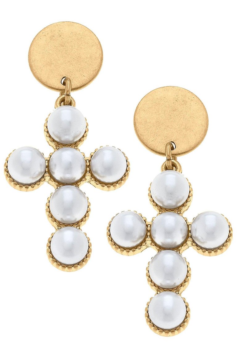 Elisha Pearl Cross Drop Earrings - Worn Gold