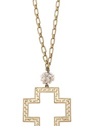 Elysa Greek Keys Cross Pendant & Pearl Cluster Necklace - Worn Gold